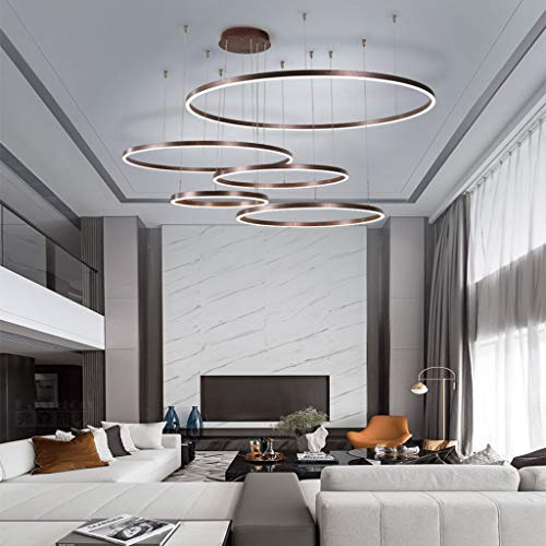 FUMIMID LED Pendellampe Wohnzimmerlampe Pendelleuchte Mit Kronleuchter Moderne Esstischlampe Aluminium Runde Acryl Beleuchtung Deckenleuchte,Braun,5laps20+40+60+80+100cm