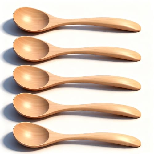 5 pièces cuillère en bois pour manger, cuillère à soupe cuillères à dîner cuillère à mélanger cuillères à ramen à long manche cuillères en bois naturel faites à la main pour café, salade, desserts, co