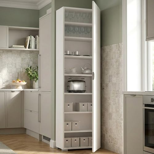 Dmora - Mehrzweckschrank 1 Tür Fiordaliso, linearer Schrank mit 1 Tür und 7 Regalen, Säule für Eingang oder Badezimmer, modernes Schuhregal, 100 % Made in Italy, 50 x 30 x 182 cm, Weiß