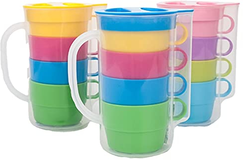 XKUN 5Pcs / Lot PP 4 Tasses Et 1 Bouilloire Portable Costume Arc-en-Ciel Tasse De Pique-Nique Tourisme De Pique-Nique Tasse en Plastique Tasse De Café De Café Couleur Aléatoire-Default