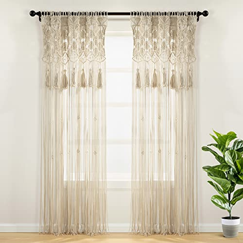 Lush Decor Tenda da finestra in cotone macramè bohémien/divisorio/sfondo per matrimonio/decorazione da parete, 213,4 cm di lunghezza x 127 cm di larghezza, neutro