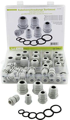 SeKi Kabelverschraubung Sortiment, 50 teilig, 5-16mm grau inkl. Gegenmutter und Dichtungsring; IP68 wasserdicht Kunststoff Cable Gland