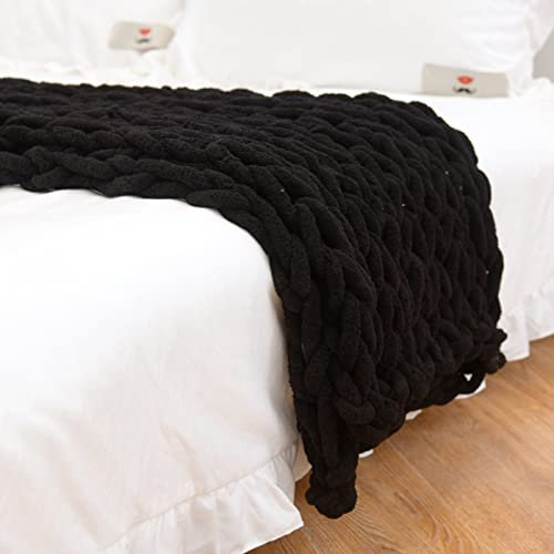 PRELGOSP Strickdecke Weicher Gestrickte Kuscheldecke, Handgefertigt Wolldecke Strick Haustier Bett Stuhl Sofa Yoga Matte Teppich,Schwarz,100x120cm