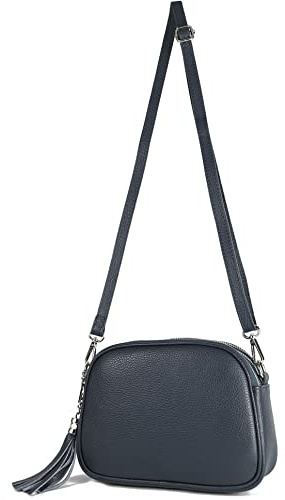 modamoda de - T238 - ital. Damen Umhängetasche Leder Medium, Farbe:Dunkelblau