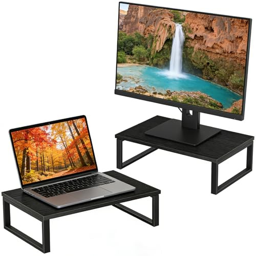 UOMIO 2 Pack Monitorständer aus Holz Metall, Schwarz, Stabiler und Kombinierbarer Schreibtisch-Aufsatz, Ergonomische Bildschirmerhöhung für Monitor, Laptop in Büro und Homeoffice, 40 x 25 x 12,5 cm