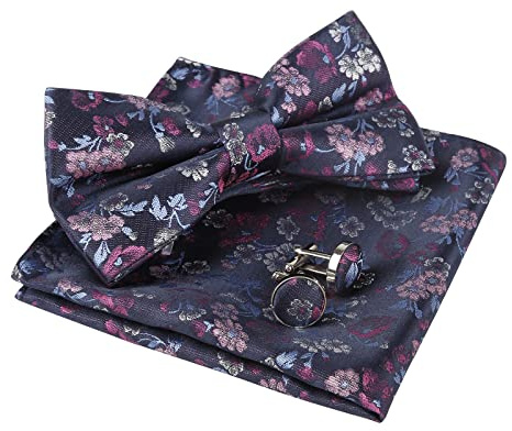 Alizeal Herren-Fliege, Einstecktuch und Manschettenknöpfe, Paisleymuster, 006 Marineblau + Magenta + Rosa, One size