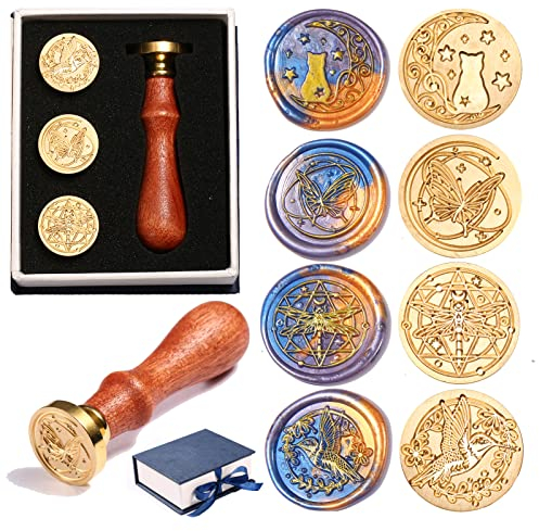 Comealltime 4 Tier-Wachs-Stempel, Siegelstempel mit Holzgriff (Schmetterlinge, Kolibri, Katze, Libelle), für Briefumschlag und Hochzeitskarten zum Geburtstag