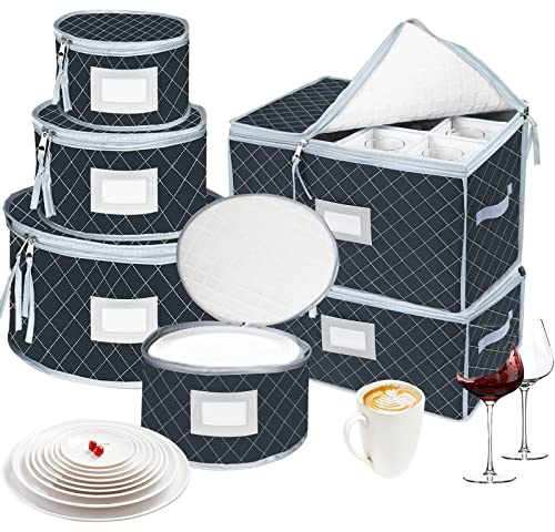 VERONLY China Dinnerware Storage Containers Set- Dish,Mug,Stemware Storage Cases - Quilted Box Bins Stackable with Divider,handles,Clear Window for Cups,Plates,Wine Glasses Moving Set of 6