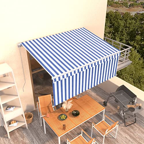 Homgoday Toldo retráctil manual, toldo para exterior, toldos para balcón, toldo con brazos extensibles, toldo para exterior, parasol, 3 x 2,5 m, azul blanco