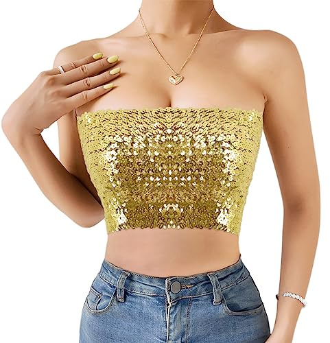 Naimo Top da donna con paillette glitterate, senza spalline, senza spalline, top per feste, gold, Taglia unica
