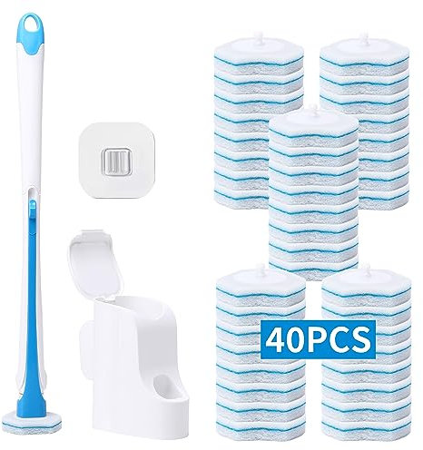 DALIPER Scopino Monouso Con 40 Ricariche, Sistema Compatto Per La Pulizia Della Tazza A Parete, Manico Lungo E Supporto Per Riporlo, Perfetto Come Scopino Bagno WC E Spazzolino Per Dettagli.