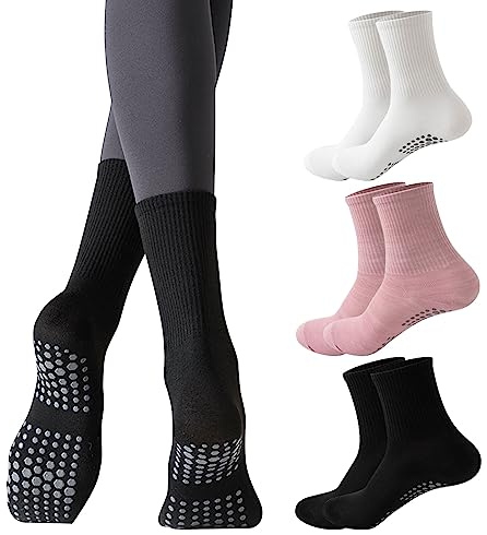 NITAIUN 3 Paires Chaussettes Pilates Yoga, Chaussettes Antidérapantes Chaussettes Mi-Hautes pour Femmes Et Hommes Yoga Sport Détente Martiaux Barre Balle (3 Paires)
