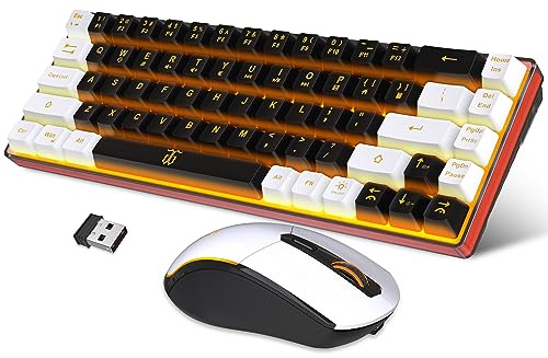 Snpurdiri Combo de teclado y mouse para juegos 60% inalámbrico, batería recargable con retroiluminación naranja de 2000 mAh, mini teclado antifantasma de tacto mecánico + mouse 6D de 3200 DPI para