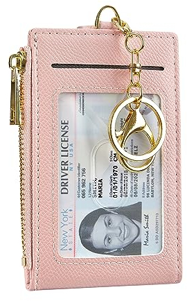 Cynure Kartenhalter für Damen und Herren, Leder, RFID-blockierend, schmal, klein, Reißverschluss, Schlüsselanhänger, Vordertasche, Geldbörse mit 2 Ausweisfenstern, Pink, Einheitsgröße, Minimalistisch