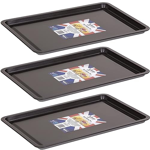 3 Pack Essentials Non-Stick Oven Baking Trays, Easy Cleaning Oven Tray 32x23x1.5cm, Dishwasher Safe Baking Pan