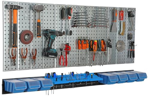 Werkzeugwand Metall 156x72 cm Lagersystem mit Werkzeughaltern Werkzeughaken und 7 Stapelboxen 120 x 200 x 90 mm Farbe: blau Lochbrett Werkstatt Garage Steckbrett Elektrowerkzeuge Lochwand