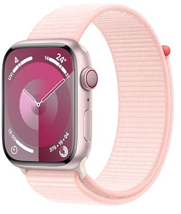Apple Watch Series 9 (45 mm GPS + Cellular) Smartwatch avec boîtier en Aluminium Rose et Boucle Sport Rose pâle. Suivi de l’activité Physique, apps Oxygène sanguin et ECG, Neutre en Carbone