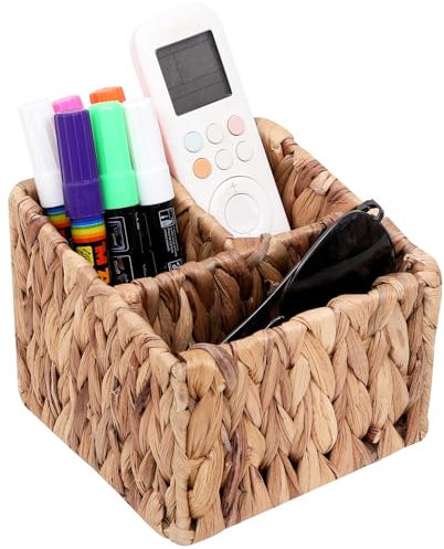 Wicker Remote Control Holder Hand Woven Water Hyacinth Storage Basket with 3 Compartments,Cosmetic Storage Box for Desk,Home Organization