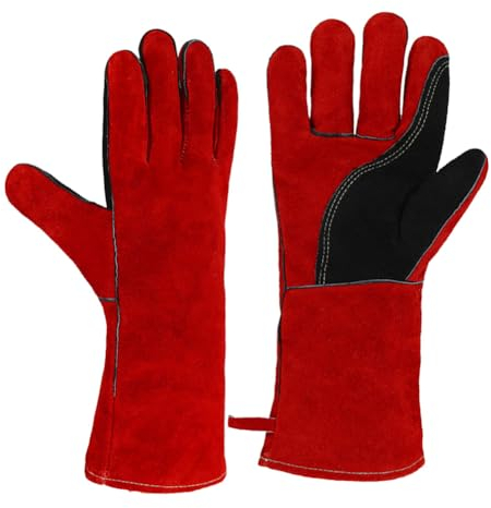 OLSON DEEPAK Grillhandschuhe hitzebeständig Schweißerhandschuhe Feuerbeständig, Handschuhe für Ofen/Grill/Kamin/Ofen/Herd/Topfhalter/Hochleistungs-/Bissfester Handschuh,14inches, red ﻿