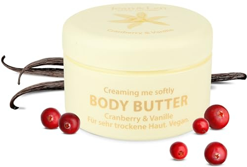 Jean & Len Body Butter Cranberry & Vanille, versorgt die Haut ausreichend mit Feuchtigkeit, zartschmelzende Textur, erheiternd-süßer Duft, vegane Formulierung, ohne Parabene & Silikone, 200 ml