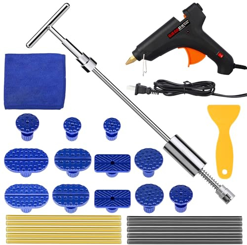 Mookis Kit de Debosselage Carrosserie 26 Pièces Outils Debosselage sans Peinture Dent Removal Kit avec un Marteau Coulissant en T, un Pistolet à Colle et 12 Entretoises pour Réparer les Bosses sur les