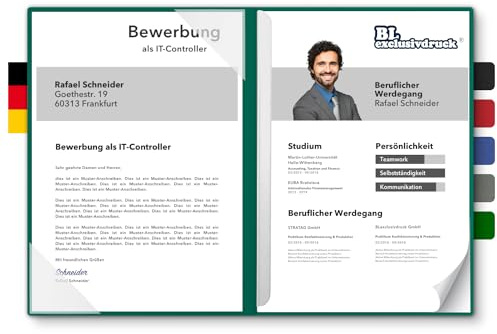 5 Stück zweiteilige Bewerbungsmappen BL-exclusivdruck® BL-plus in Blattgrün - Premium-Qualität mit edler Relief-Prägung 'Bewerbung' - Produkt-Design von 'Mario Lemani'