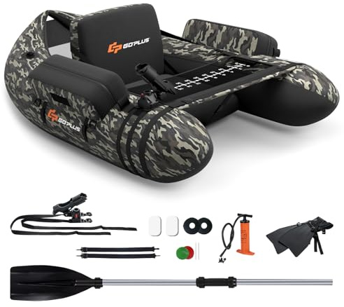GOPLUS Bellyboot, Belly Boat bis 150 kg belastbar, aufblasbares Schlauchboot zum Angeln mit Alu Paddel, Pumpe, Flossen, Fischlineal, Rutenhalter & 2 Schultergurten, 135 x 109 x 54 cm