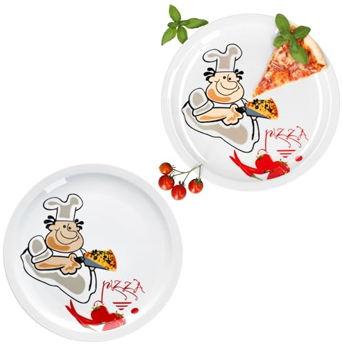 MamboCat Alberto - Set di 2 piatti per pizza, Ø 30,5 cm, per 2 persone, grandi piatti per pizza con fumetti in porcellana, piatto da portata XL