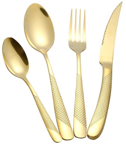 Juego de cubiertos martillados Oro 24 piezas, set de cubiertos acero inoxidable 18/10, cuberterias completas 6 personas
