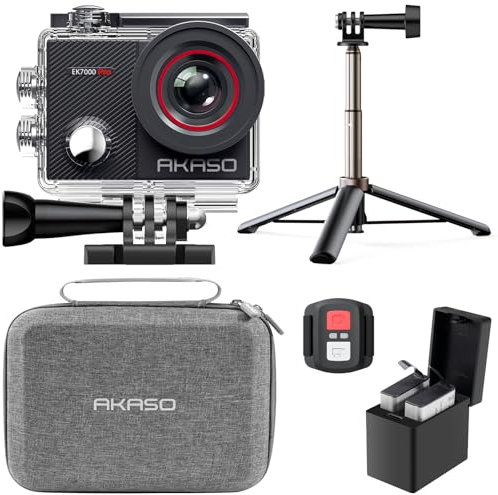 AKASO EK7000 Pro Action Camera Selfie Stick Bundle - Includes 4K30FPS EK7000 Pro Underwater Camera, Selfie Stick, 2 Batteries, Carrying Case, and Accessory Kits