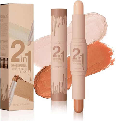 Makeup Highlighter & Konturenstift, Creamy Texture Contour Stick Bronzer, Concealer Contouring Highlighter in Einem, Konturenstift mit Zwei Enden für Jeden Hauttyp (Helles Elfenbein & Heller Kaffee)