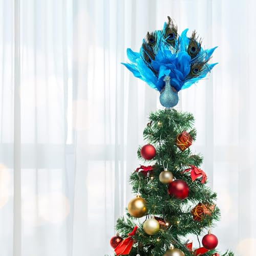 Pfauen-Baumspitze, Blaue Federn, Pfauen-Weihnachtsbaumspitze, Dekoration für Weihnachten, Halloween, Baumspitze (5 Federn)