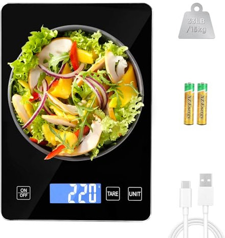 Howeifull USB C Digitale Küchenwaage, Max. 15 kg Küchenwaage Digital, 1g Richtigkeit Elektronische Waage Küche Lebensmittelwaage mit großer Wiegefläche, 5 Einheiten, Schwarz