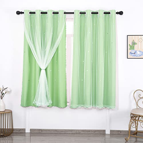 Verdunkelungsvorhang mit grünen Sternen, für Mädchenzimmer, doppellagig, Ösenvorhang, Fenstervorhang, 140 x 223,5 cm, Kindervorhänge, Wohnzimmerdekoration
