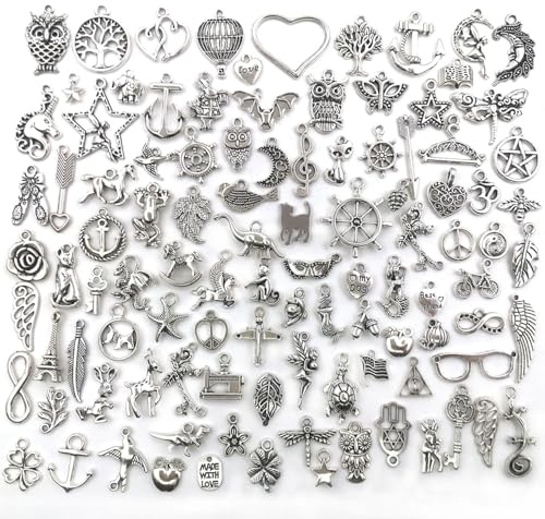 100PCS Mixed Silver Charms Set - Tibetan Silver Pendant Assortment for Jewelry Making, Bracelets, and DIY Crafts
