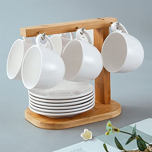WOTZOV Taza de cerámica para café, Taza de café, 6 Tazas, 6 platillos, Taza de té, Taza de Agua, Juego de té, platillo con Soporte, Juego de Tazas para Beber café, té, Jugo,