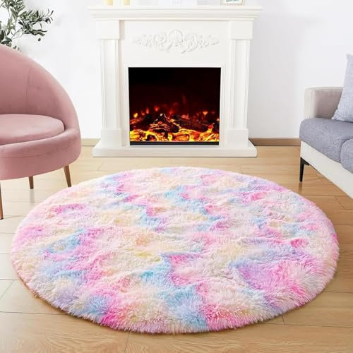 AIMECO Hochflor rund Teppich Wohnzimmer Regenbogen Carpet Anti-Rutsch Extra Große Teppiche Schlafzimmer flauschig Teppiche Matte Teppichen Mädchen Schlafzimmer und Kinderzimmer.rund 120cm