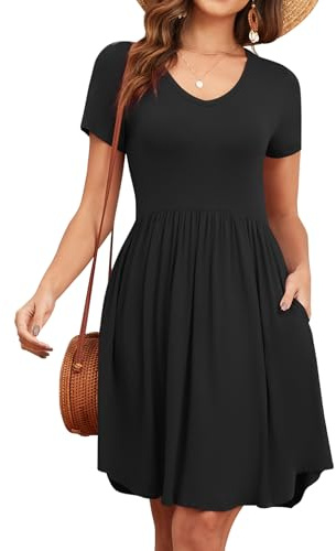YVH Women's 2026 Summer Short Sleeve Dresses Casual Loose Fit Swing T Shirt Dress V Neck Sundress with Pockets, Black, XL