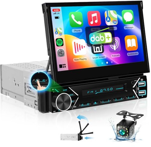 Single-Din-DAB+-Autoradio mit kabellosem CarPlay Android Auto, 7-Zoll-Radio mit automatisch einziehbarem Bildschirm, 1-DIN-Radio BT/Lenkradsteuerung/Mirror Link/EQ/USB-C+Rückfahrkamera