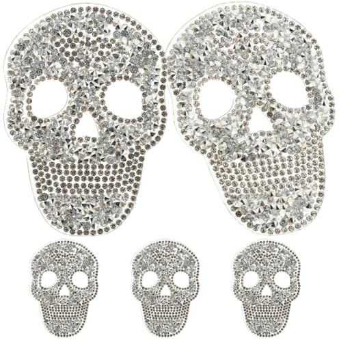 Garneck 5 Stück Totenkopf Strass Aufbügler Silber, Bügelbilder | und Patches für Kleidung, T-Shirt, Tasche, Mütze und Schuhe, DIY Textil-Applikationen