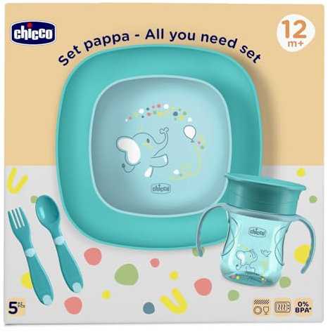 Chicco Coffret Repas, Contient 1 Tasse, Lot de 1 Bol et 1 Assiette Plan et Couverts, Fourchette et Cuillère, Set Sevrage Enfants, 12M+, Bleu clair