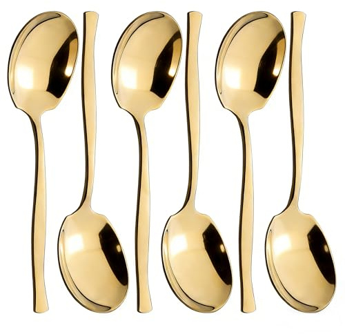 Xyskin Gold Serving Spoons, Set of 6 Stainless Steel Dinner Serving Spoons | 8.3 in Large Buffet Spoons, Mirror Finish, Heavy-Duty Catering and Banquet Serving Utensils Spoons