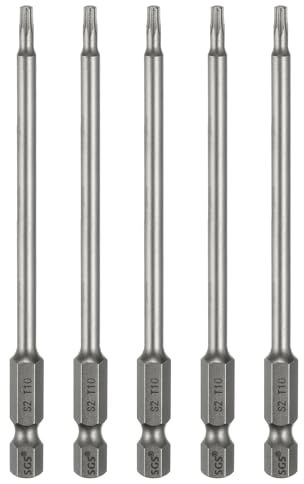 QUARKZMAN 5 stycken T10 torx bits skruvmejsel bitsats 1/4 tum sexkantsskaft 100 mm (1/4 tum) lång magnetisk sexkant utan hål spets skruvmejsel borrbitar S2 stål för Torxskruvar
