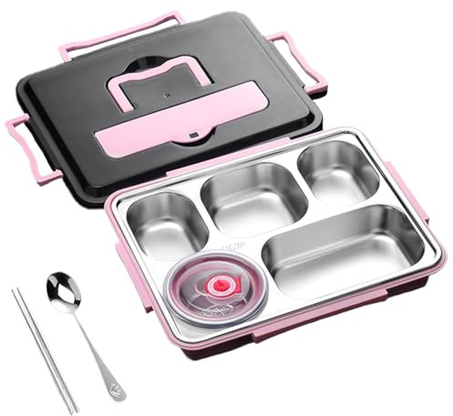 PACIOCEAN Pink Leakproof Bento Lunch Box, Stainless Steel Food Container with Dividers, Sandwich Friendly, Ideal for Portion Control, Office, School, Picnic
