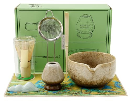 Matcha startpaket med 7 delar, keramisk matcha-skål med pip, traditionell matcha-blandskål med visp, spade, hållare, handduk, stativ för ultimat matcha-upplevelse (kaffe)
