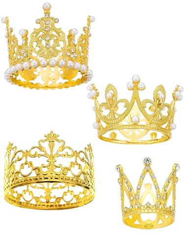 GIFANEO 4 Piezas Decoración de Pastel con Corona Dorada,coronas doradas pequeñas,corona de perlas vintage de rey o princesa para fiesta de cumpleaños,Decoración de Tarta Corona