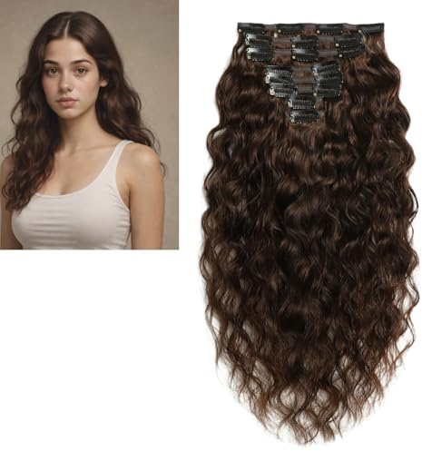Larafona Clip in Extensions Großes Lockiges Echthaar Haarverlängerung, Mittel Braun 4# 100% Remy Natürliche Welle Human Hair Weave with Clips 16inch/40cm