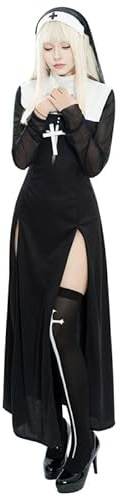Petalum Kostüm Nonne Damen Sexy Kostüm Gute Schwester Kirche Kleid Religiöses Kleid Slim Lang Figurbetont mit Schlitz Kreuz bedruckt mit Kopfbedeckung
