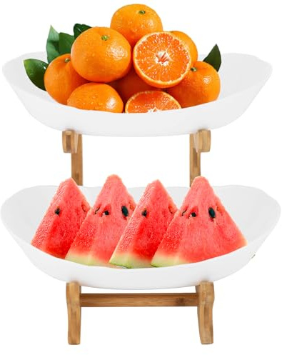 Frutero de 2 pisos, 14,8 x 22,5 x 21,5 cm, diseño abierto, estructura extraíble, cuencos de frutas de plástico, esquinas redondeadas, moderno frutero de 2 pisos para mesas de comedor, buffets de