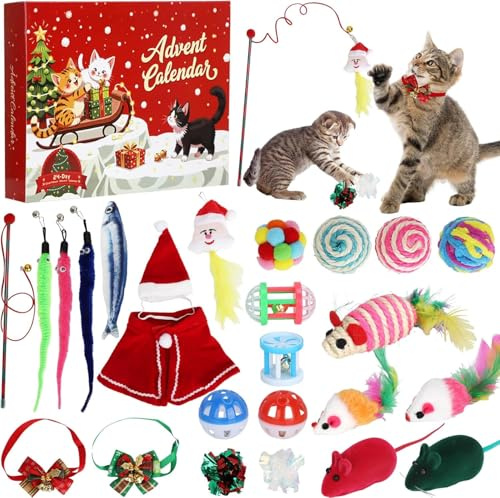 Cat Advent Calendar 2025, 24 Day Countdown to Christmas Cat Gifts with 24pcs Assorted Cat Interactive Toys Countdown Calendar for Kitten Flurry Friends
